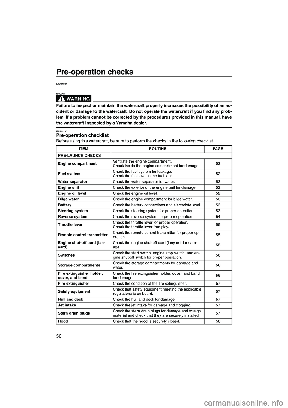 YAMAHA VXR 2013 Owners Manual Pre-operation checks
50
EJU31981
WARNING
EWJ00411
Failure to inspect or maintain the watercraft properly increases the possibility of an ac-
cident or damage to the watercraft. Do not operate the wate YAMAHA VXR 2013 Owners Manual Pre-operation checks
50
EJU31981
WARNING
EWJ00411
Failure to inspect or maintain the watercraft properly increases the possibility of an ac-
cident or damage to the watercraft. Do not operate the wate