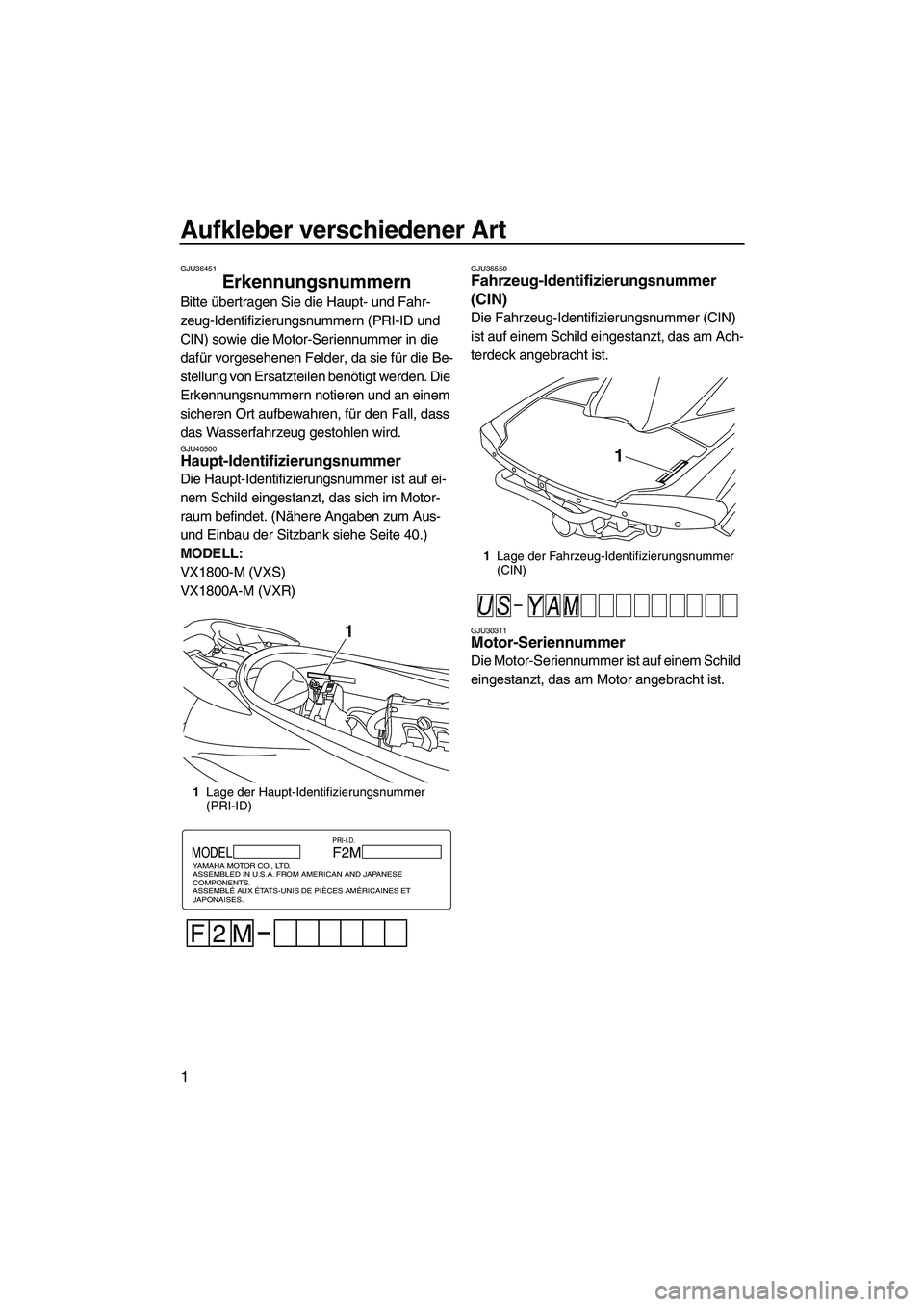 YAMAHA VXR 2013 Betriebsanleitungen (in German) Aufkleber verschiedener Art
1
GJU36451
Erkennungsnummern
Bitte übertragen Sie die Haupt- und Fahr-
zeug-Identifizierungsnummern (PRI-ID und
CIN) sowie die Motor-Seriennummer in die
dafür vorgeseh YAMAHA VXR 2013 Betriebsanleitungen (in German) Aufkleber verschiedener Art
1
GJU36451
Erkennungsnummern
Bitte übertragen Sie die Haupt- und Fahr-
zeug-Identifizierungsnummern (PRI-ID und
CIN) sowie die Motor-Seriennummer in die
dafür vorgeseh