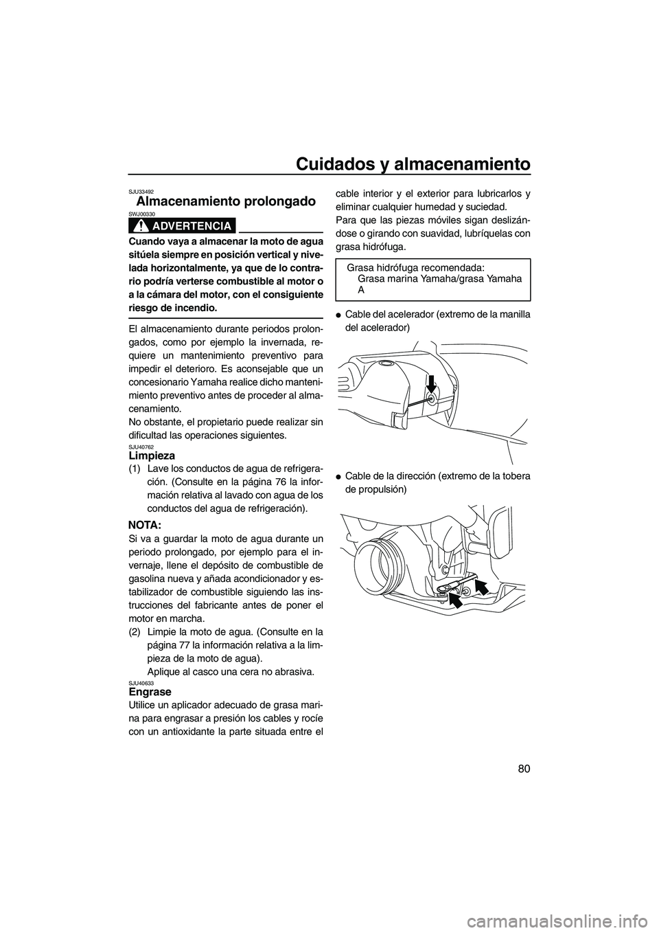 YAMAHA VXR 2013  Manuale de Empleo (in Spanish) Cuidados y almacenamiento
80
SJU33492
Almacenamiento prolongado 
ADVERTENCIA
SWJ00330
Cuando vaya a almacenar la moto de agua
sitúela siempre en posición vertical y nive-
lada horizontalmente, ya qu
