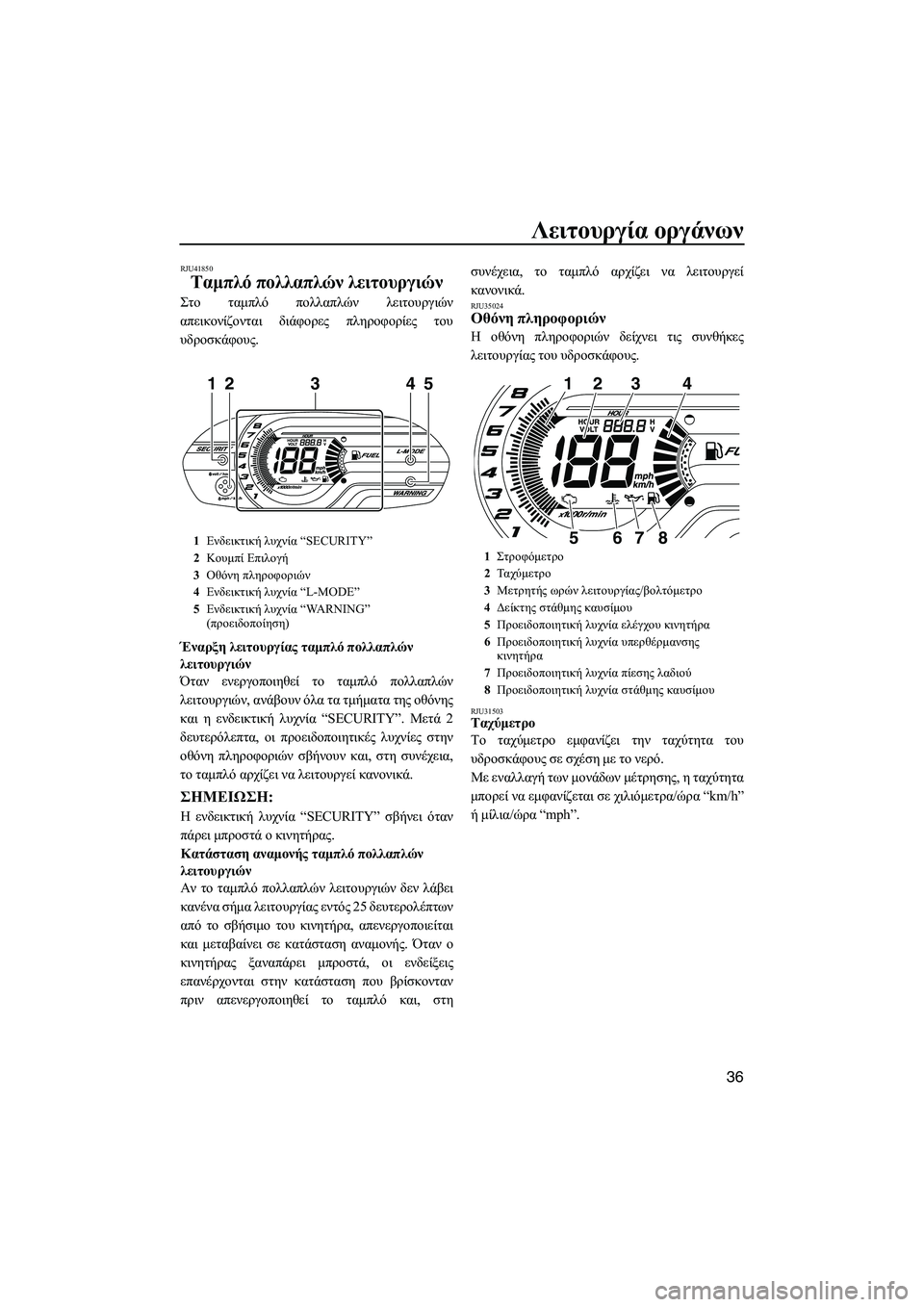 YAMAHA VXR 2013 ΟΔΗΓΌΣ ΧΡΉΣΗΣ (in Greek) Λειτουργία οργάνων
36
RJU41850
Ταμπλό πολλαπλών λειτουργιών
Στο ταμπλό πολλαπλών λειτουργιών
απεικονίζονται YAMAHA VXR 2013 ΟΔΗΓΌΣ ΧΡΉΣΗΣ (in Greek) Λειτουργία οργάνων
36
RJU41850
Ταμπλό πολλαπλών λειτουργιών
Στο ταμπλό πολλαπλών λειτουργιών
απεικονίζονται