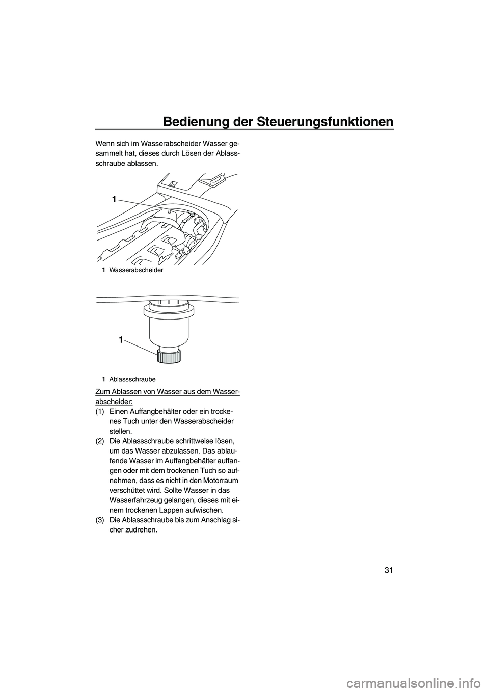 YAMAHA VXR 2012  Betriebsanleitungen (in German) Bedienung der Steuerungsfunktionen
31
Wenn sich im Wasserabscheider Wasser ge-
sammelt hat, dieses durch Lösen der Ablass-
schraube ablassen.
Zum Ablassen von Wasser aus dem Wasser-
abscheider:
(1) E