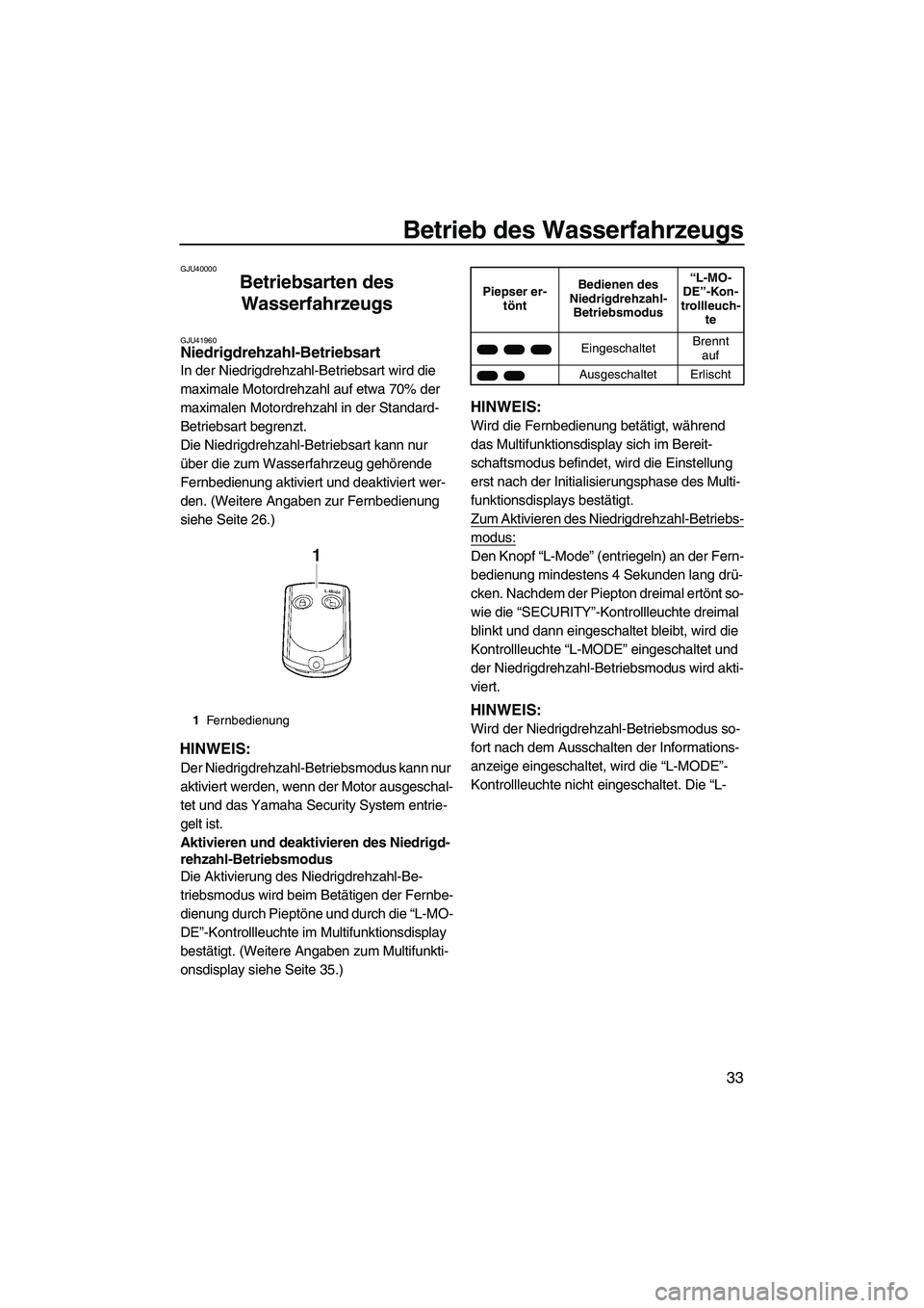 YAMAHA VXR 2012  Betriebsanleitungen (in German) Betrieb des Wasserfahrzeugs
33
GJU40000
Betriebsarten des 
Wasserfahrzeugs 
GJU41960Niedrigdrehzahl-Betriebsart 
In der Niedrigdrehzahl-Betriebsart wird die 
maximale Motordrehzahl auf etwa 70% der 
m