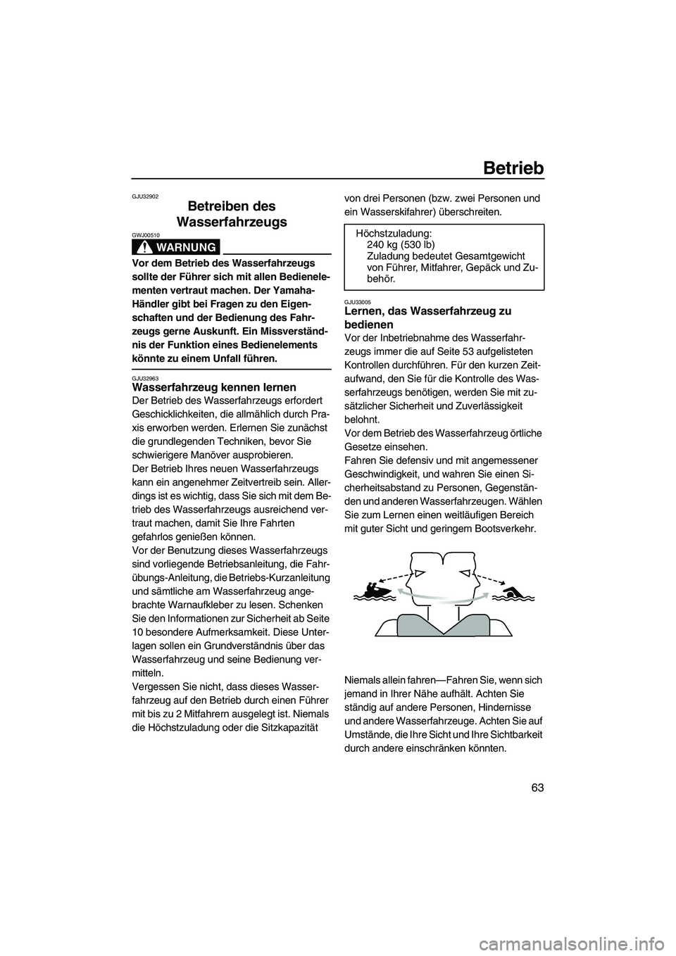 YAMAHA VXR 2012  Betriebsanleitungen (in German) Betrieb
63
GJU32902
Betreiben des 
Wasserfahrzeugs 
WARNUNG
GWJ00510
Vor dem Betrieb des Wasserfahrzeugs 
sollte der Führer sich mit allen Bedienele-
menten vertraut machen. Der Yamaha-
Händler gibt