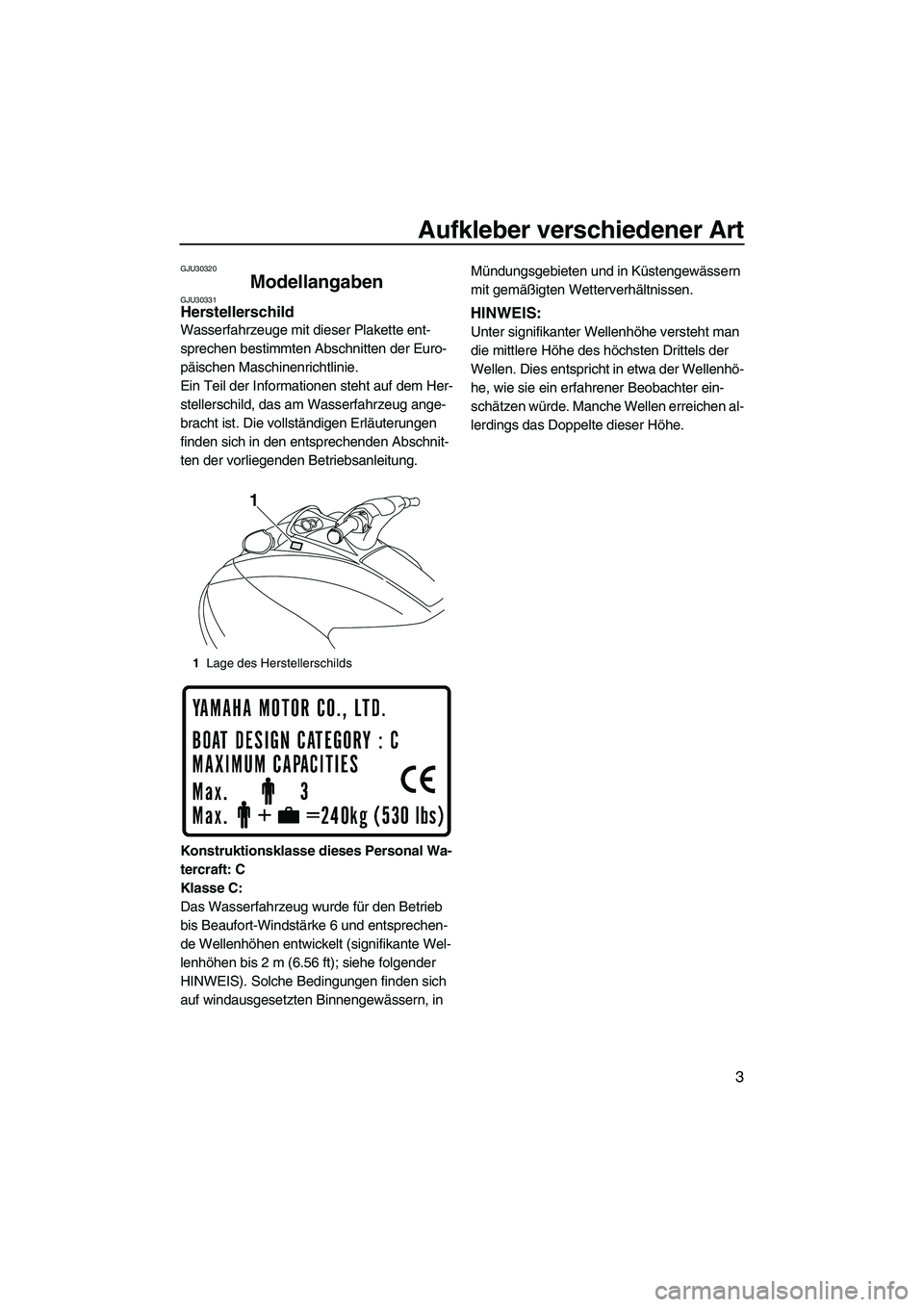 YAMAHA VXR 2012 Betriebsanleitungen (in German) Aufkleber verschiedener Art
3
GJU30320
Modellangaben GJU30331Herstellerschild
Wasserfahrzeuge mit dieser Plakette ent-
sprechen bestimmten Abschnitten der Euro-
päischen Maschinenrichtlinie.
Ein Tei YAMAHA VXR 2012 Betriebsanleitungen (in German) Aufkleber verschiedener Art
3
GJU30320
Modellangaben GJU30331Herstellerschild
Wasserfahrzeuge mit dieser Plakette ent-
sprechen bestimmten Abschnitten der Euro-
päischen Maschinenrichtlinie.
Ein Tei