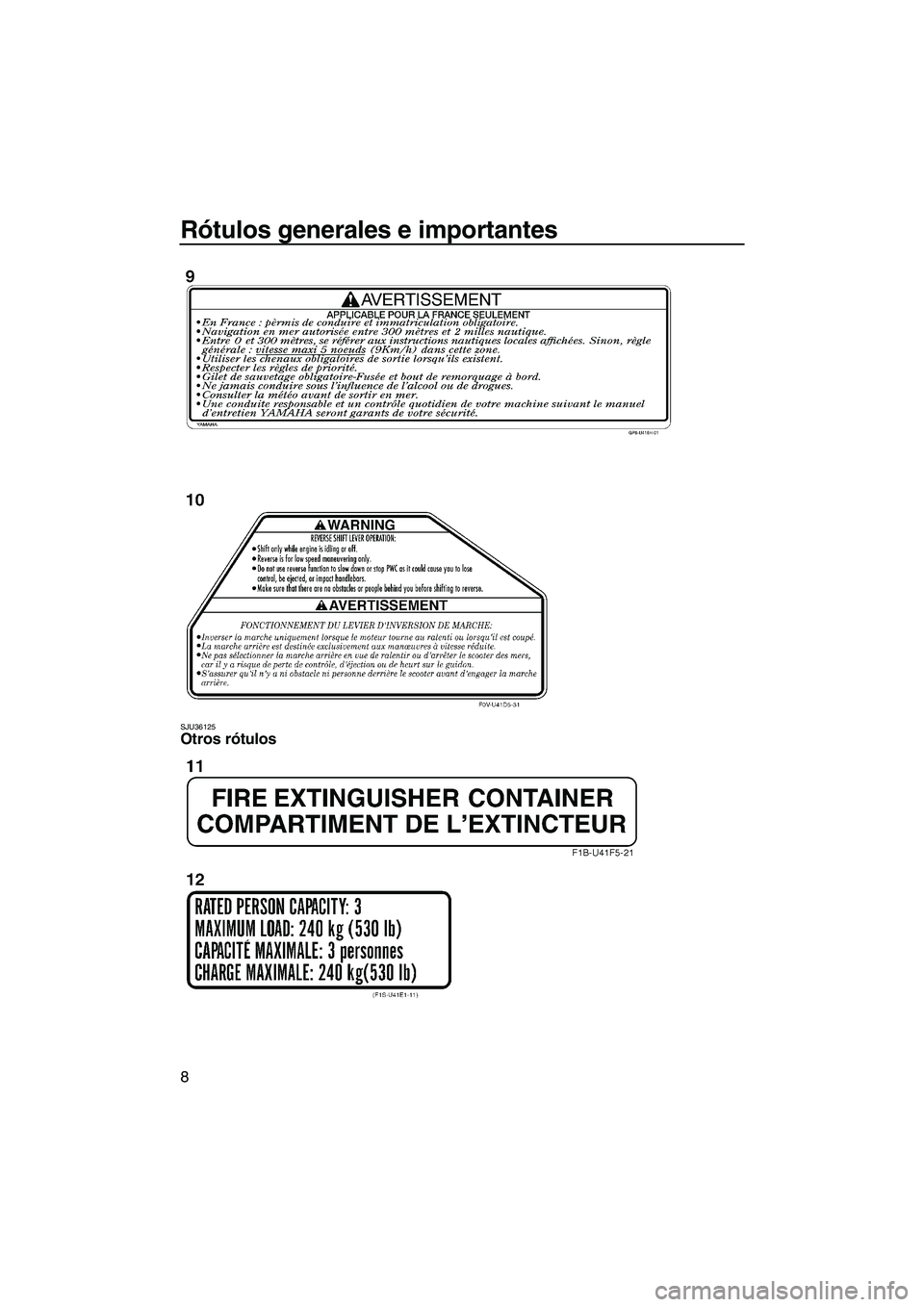 YAMAHA VXR 2012  Manuale de Empleo (in Spanish) Rótulos generales e importantes
8
SJU36125Otros rótulos 
UF2M71S0.book  Page 8  Monday, July 4, 2011  10:44 AM 