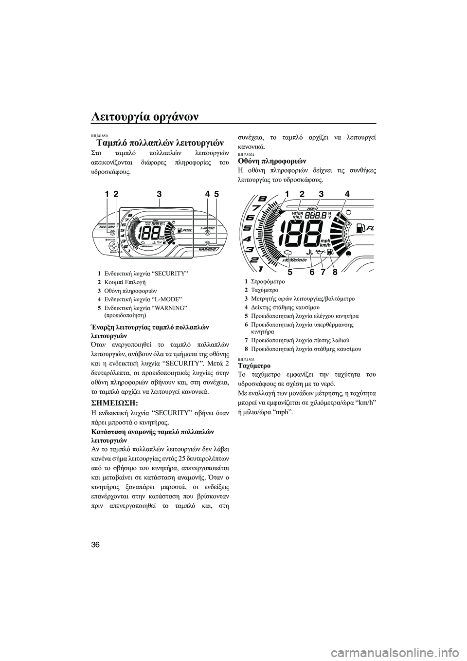 YAMAHA VXS 2012 ΟΔΗΓΌΣ ΧΡΉΣΗΣ (in Greek) Λειτουργία οργάνων
36
RJU41850
Ταµπλό πολλαπλών λειτουργιών
Στο ταµπλό πολλαπλών λειτουργιών
απεικονίζονται δι YAMAHA VXS 2012 ΟΔΗΓΌΣ ΧΡΉΣΗΣ (in Greek) Λειτουργία οργάνων
36
RJU41850
Ταµπλό πολλαπλών λειτουργιών
Στο ταµπλό πολλαπλών λειτουργιών
απεικονίζονται δι