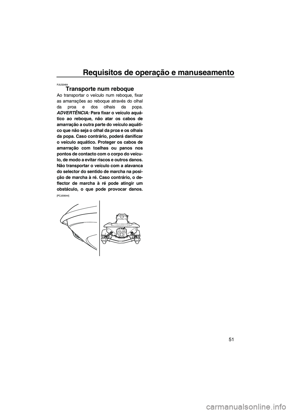 YAMAHA VXR 2012  Manual de utilização (in Portuguese) Requisitos de operação e manuseamento
51
PJU33464
Transporte num reboque 
Ao transportar o veículo num reboque, fixar
as amarrações ao reboque através do olhal
da proa e dos olhais da popa.
ADVE