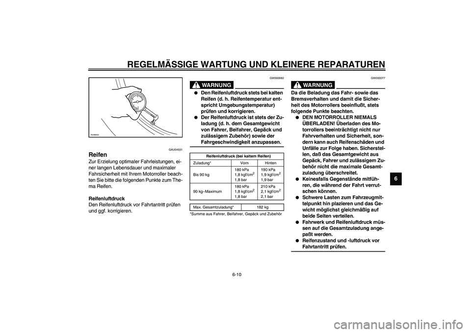 YAMAHA WHY 50 2006 Betriebsanleitungen (in German) REGELMÄSSIGE WARTUNG UND KLEINERE REPARATUREN
6-10
6
GAU04551
Reifen Zur Erzielung optimaler Fahrleistungen, ei-
ner langen Lebensdauer und maximaler
Fahrsicherheit mit Ihrem Motorroller beach-
ten YAMAHA WHY 50 2006 Betriebsanleitungen (in German) REGELMÄSSIGE WARTUNG UND KLEINERE REPARATUREN
6-10
6
GAU04551
Reifen Zur Erzielung optimaler Fahrleistungen, ei-
ner langen Lebensdauer und maximaler
Fahrsicherheit mit Ihrem Motorroller beach-
ten