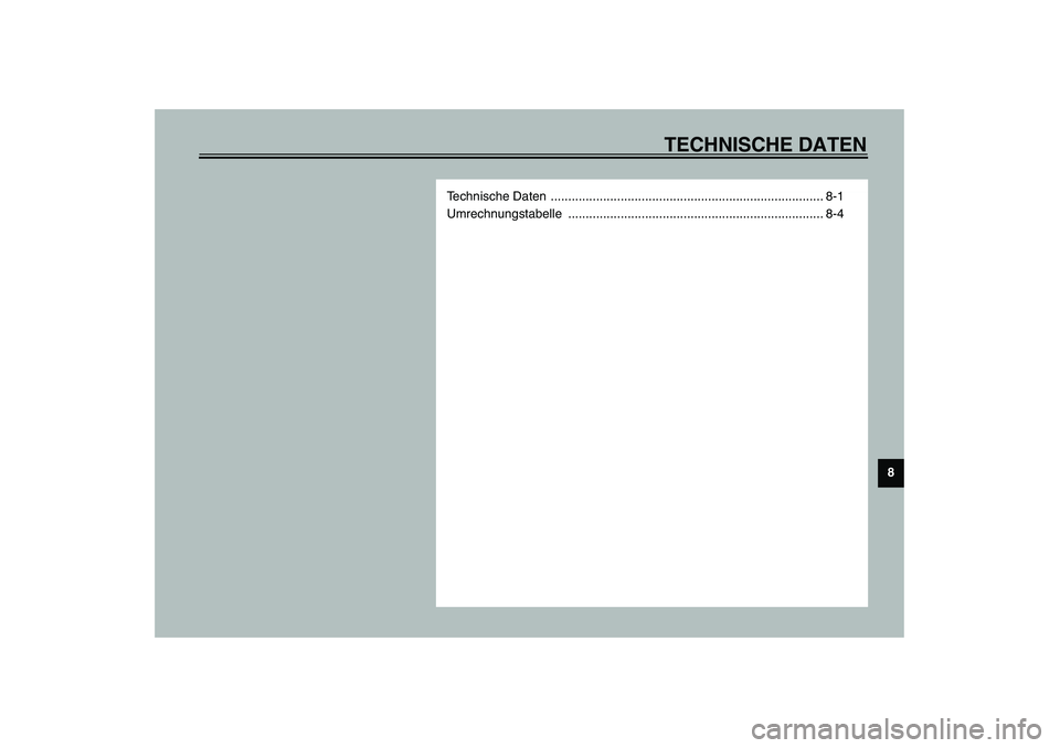 YAMAHA WHY 50 2006  Betriebsanleitungen (in German) TECHNISCHE DATEN
8
Technische Daten  .............................................................................. 8-1
Umrechnungstabelle .............................................................