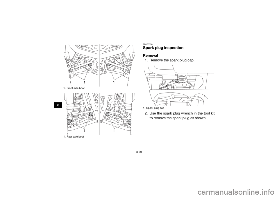 YAMAHA WOLVERINE 2017  Owners Manual 8-30
8
EBU33570Spark plug inspectionRemoval1. Remove the spark plug cap.
2. Use the spark plug wrench in the tool kit to remove the spark plug as shown.
1. Front axle boot
1. Rear axle boot
1
1
1
1
1.