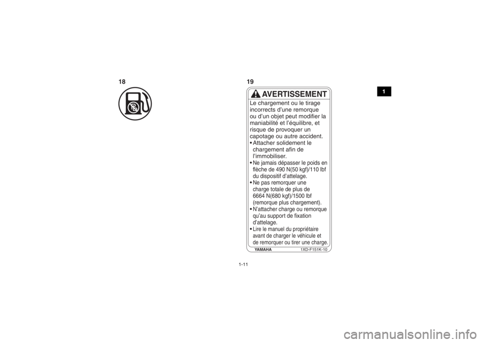 YAMAHA WOLVERINE 2016  Owners Manual 1-11
1
YAMAHA1XD-F151K-10
AVERTISSEMENT
Le chargement ou le tirage 
incorrects d’une remorque
ou d’un objet peut modifier la
maniabilité et l’équilibre, et
risque de provoquer un
capotage ou a
