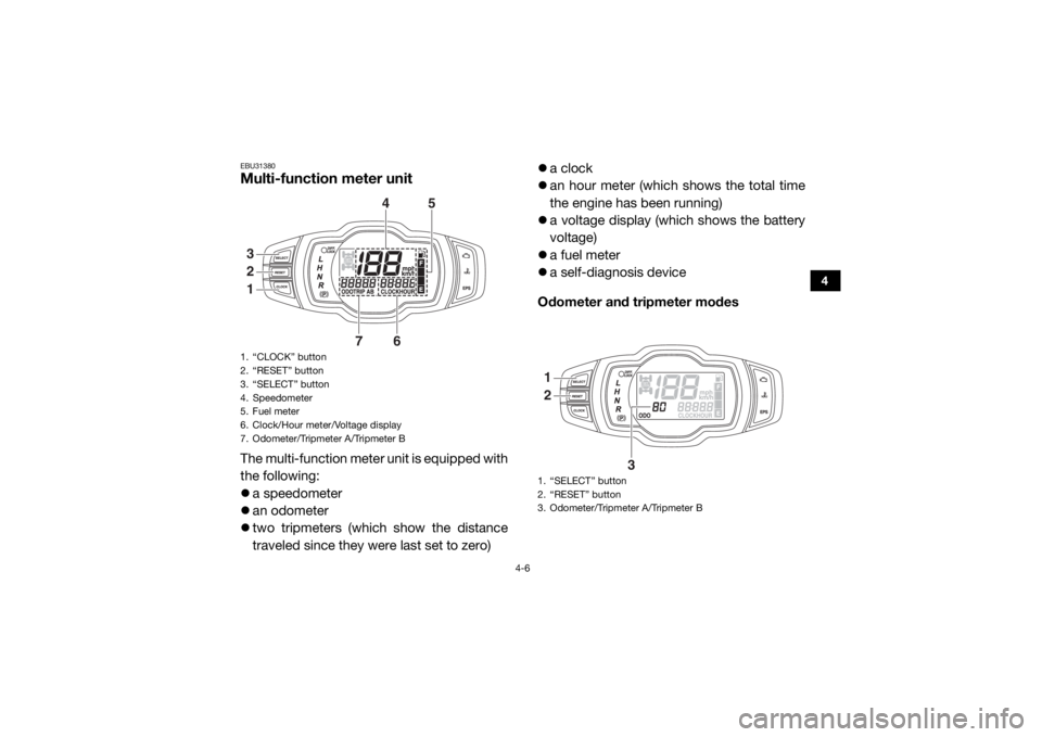 YAMAHA WOLVERINE 2016  Owners Manual 4-6
4
EBU31380Multi-function meter unitThe multi-function meter unit is equipped with
the following:
a speedometer
 an odometer
 two tripmeters (which show the distance
traveled since they we