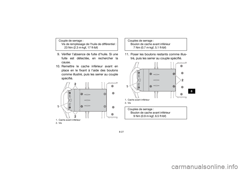 YAMAHA WOLVERINE 2016  Notices Demploi (in French) 8-27
8
9. Vérifier l’absence de fuite d’huile. Si unefuite est détectée, en rechercher la
cause.
10. Remettre le cache inférieur avant en
place en le fixant à l’aide des boulons
comme illus