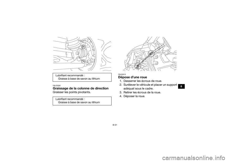 YAMAHA WOLVERINE 2016  Notices Demploi (in French) 8-51
8
FBU32600Graissage de la colonne de directionGraisser les points pivotants.
FBU32610Dépose d’une roue1. Desserrer les écrous de roue.
2. Surélever le véhicule et placer un supportadéquat 