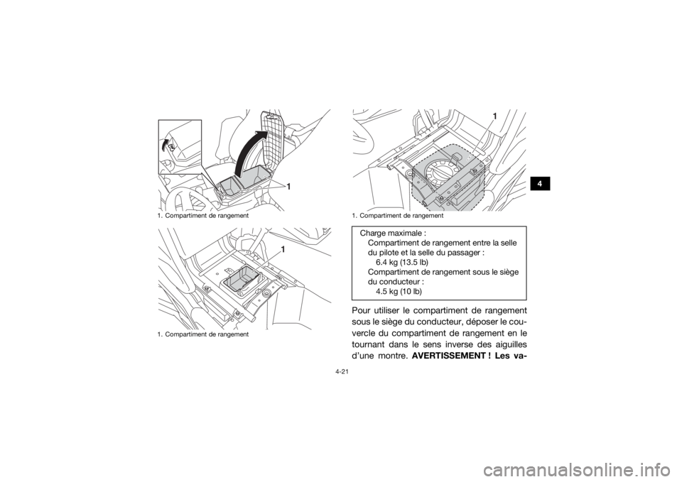 YAMAHA WOLVERINE 2016  Notices Demploi (in French) 4-21
4
Pour utiliser le compartiment de rangement
sous le siège du conducteur, déposer le cou-
vercle du compartiment de rangement en le
tournant dans le sens inverse des aiguilles
d’une montre. A