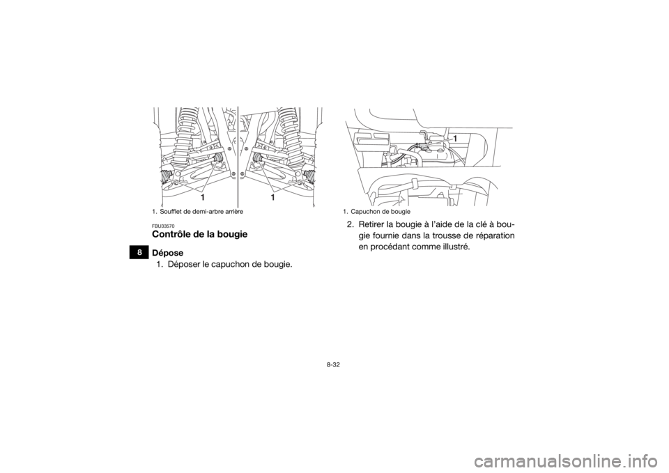 YAMAHA WOLVERINE 2015  Notices Demploi (in French) 8-32
8
FBU33570Contrôle de la bougieDépose1. Déposer le capuchon de bougie. 2. Retirer la bougie à l’aide de la clé à bou-
gie fournie dans la trousse de réparation
en procédant comme illust