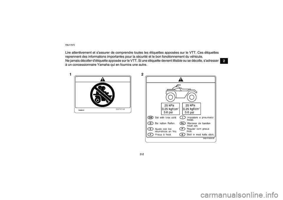 YAMAHA WOLVERINE 350 2007  Notices Demploi (in French) 2-2
2
FBU17670Lire attentivement et s’assurer de comprendre toutes les étiquettes apposées sur le VTT. Ces étiquettes
reprennent des informations importantes pour la sécurité et le bon fonction