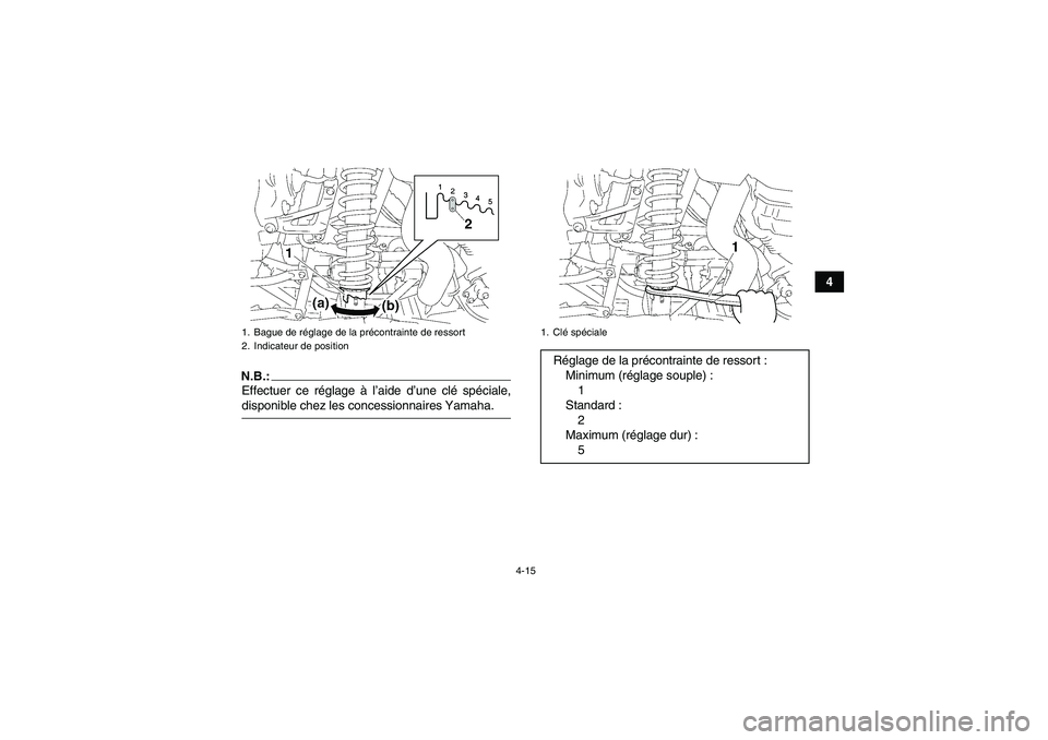 YAMAHA WOLVERINE 350 2007  Notices Demploi (in French) 4-15
4
N.B.:Effectuer ce réglage à l’aide d’une clé spéciale,disponible chez les concessionnaires Yamaha.1. Bague de réglage de la précontrainte de ressort
2. Indicateur de position
1. Clé 