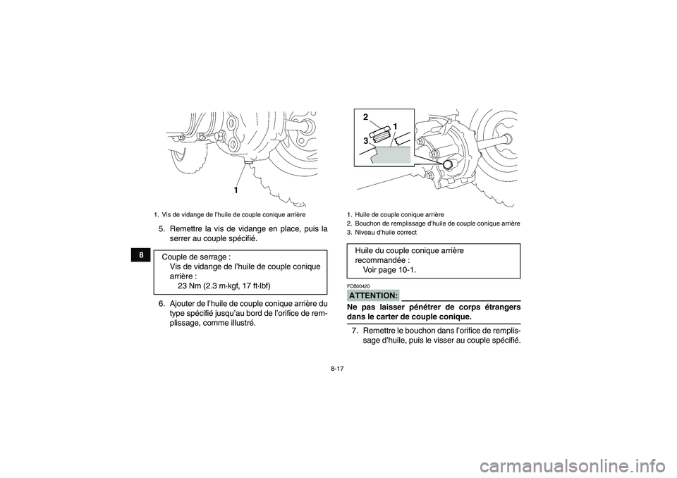 YAMAHA WOLVERINE 350 2007  Notices Demploi (in French) 8-17
85. Remettre la vis de vidange en place, puis la
serrer au couple spécifié.
6. Ajouter de l’huile de couple conique arrière du
type spécifié jusqu’au bord de l’orifice de rem-
plissage