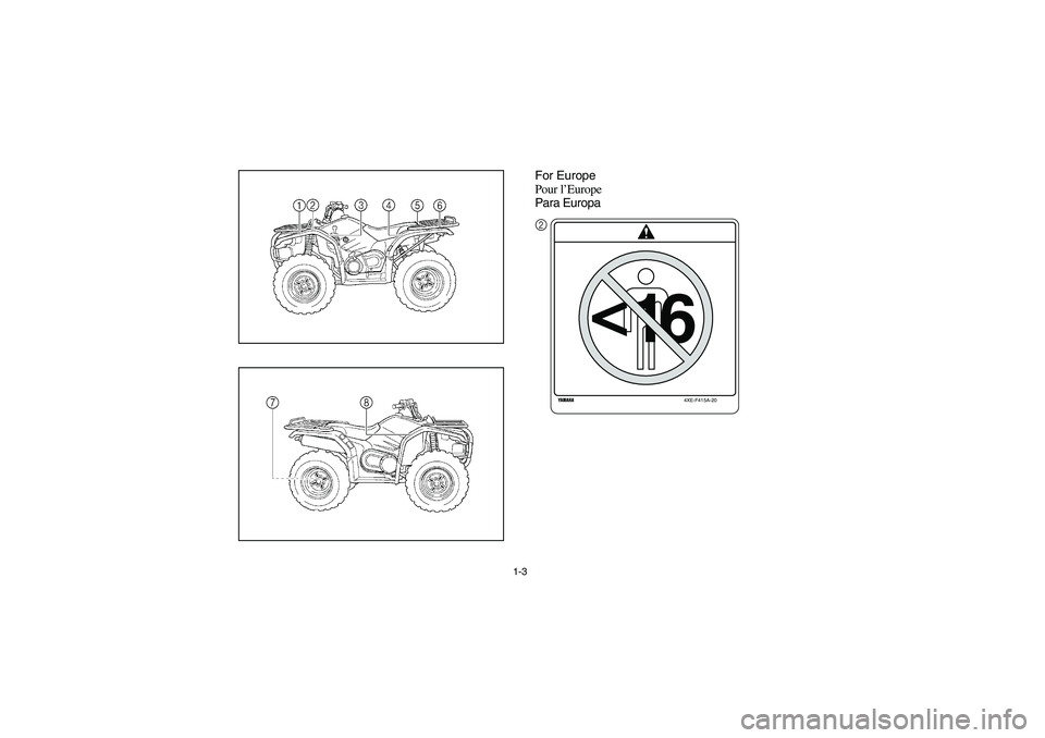 YAMAHA WOLVERINE 400 2004  Manuale de Empleo (in Spanish) 1-3
For Europe
Pour l’Europe
Para Europa
4XE-F415A-20
<
16
2
U5VH61.book  Page 3  Friday, May 2, 2003  2:19 PM 