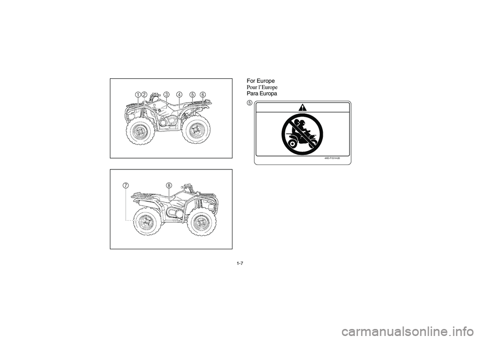 YAMAHA WOLVERINE 400 2004  Manuale de Empleo (in Spanish) 1-7
For Europe
Pour l’Europe
Para Europa
4XE-F151H-20
5
U5VH61.book  Page 7  Friday, May 2, 2003  2:19 PM 