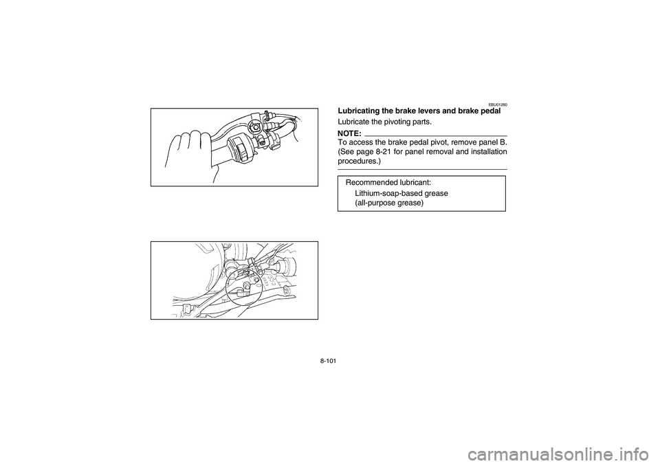 YAMAHA WOLVERINE 400 2004  Manuale de Empleo (in Spanish) 8-101
EBU01260
Lubricating the brake levers and brake pedal
Lubricate the pivoting parts.NOTE:_ To access the brake pedal pivot, remove panel B.
(See page 8-21 for panel removal and installation
proce