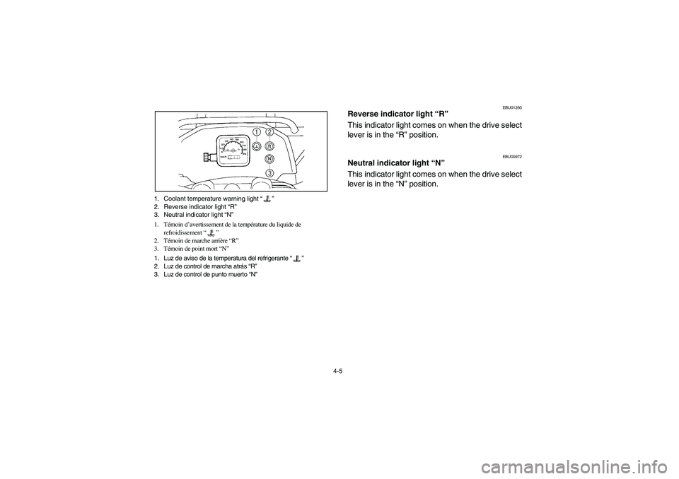 YAMAHA WOLVERINE 400 2004  Manuale de Empleo (in Spanish) 4-5 1. Coolant temperature warning light “”
2. Reverse indicator light “R”
3. Neutral indicator light “N”
1. Témoin d’avertissement de la température du liquide de 
refroidissement “
