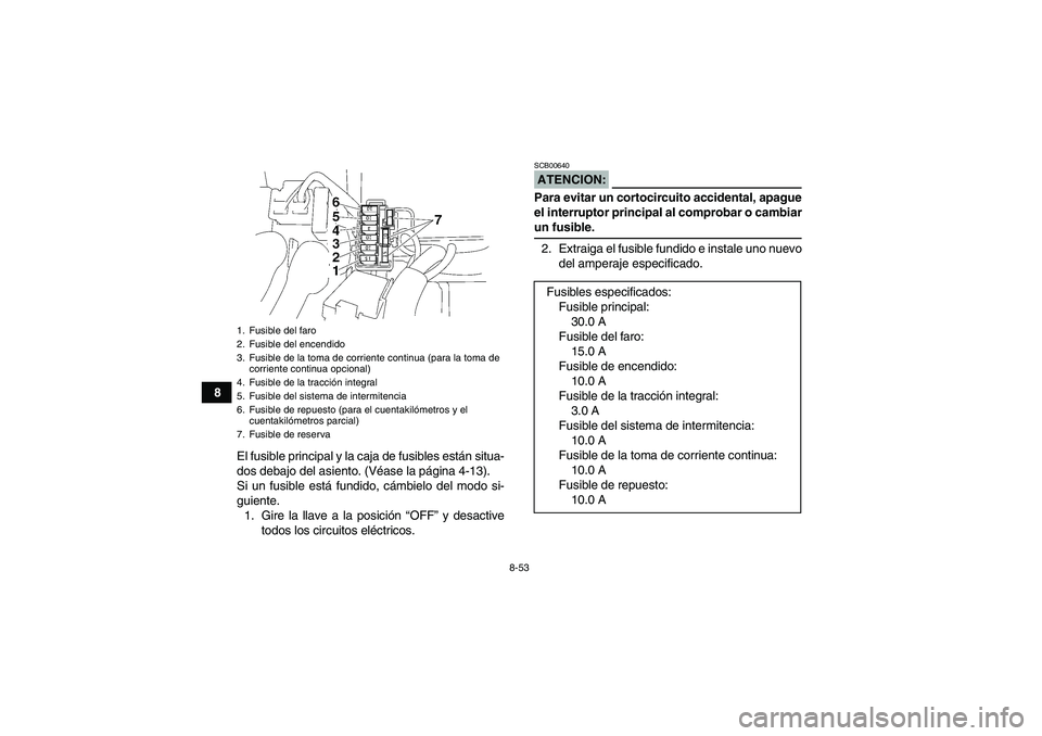 YAMAHA WOLVERINE 450 2008 Manuale de Empleo (in Spanish) 8-53
8
El fusible principal y la caja de fusibles están situa-
dos debajo del asiento. (Véase la página 4-13).
Si un fusible está fundido, cámbielo del modo si-
guiente.
1. Gire la llave a la pos YAMAHA WOLVERINE 450 2008 Manuale de Empleo (in Spanish) 8-53
8
El fusible principal y la caja de fusibles están situa-
dos debajo del asiento. (Véase la página 4-13).
Si un fusible está fundido, cámbielo del modo si-
guiente.
1. Gire la llave a la pos