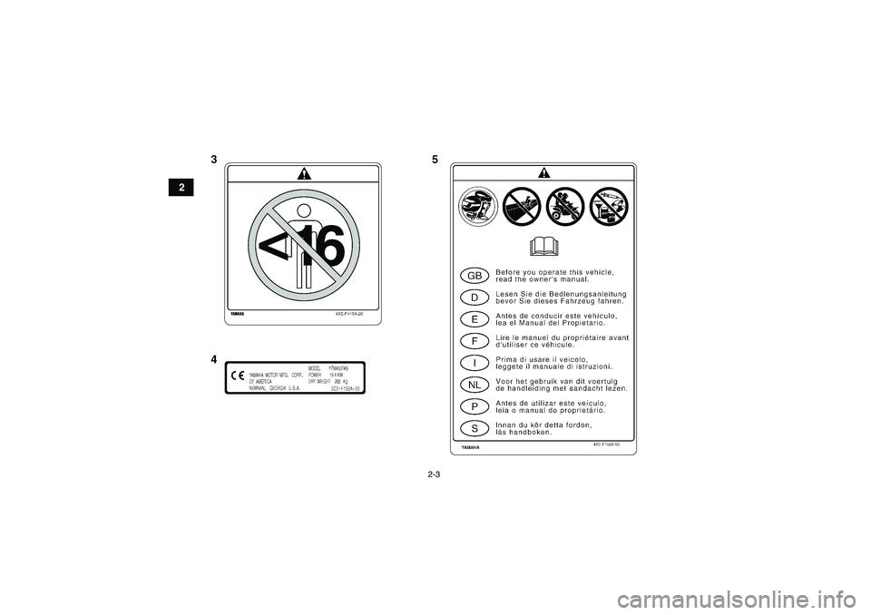 YAMAHA WOLVERINE 450 2006  Manuale de Empleo (in Spanish) 2-3
2
U3C260S0.book  Page 3  Tuesday, August 2, 2005  10:18 AM 