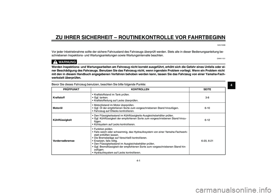 YAMAHA WR 125R 2013  Betriebsanleitungen (in German) ZU IHRER SICHERHEIT – ROUTINEKONTROLLE VOR FAHRTBEGINN
4-1
4
GAU15596
Vor jeder Inbetriebnahme sollte der sichere Fahrzustand des Fahrzeugs überprüft werden. Stets alle in dieser Bedienungsanleitu