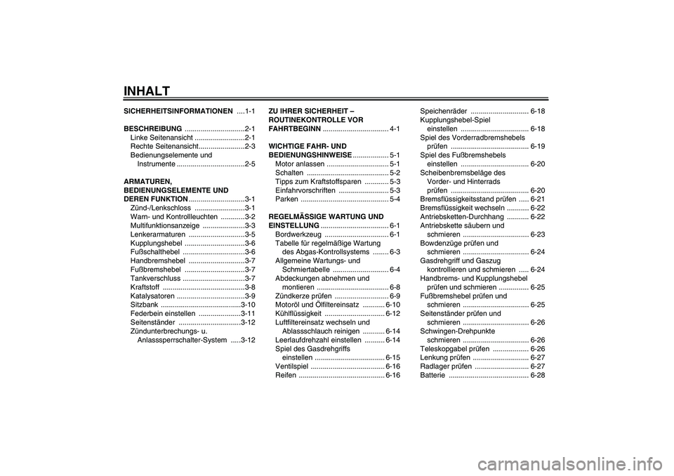 YAMAHA WR 125R 2013 Betriebsanleitungen (in German) INHALTSICHERHEITSINFORMATIONEN ....1-1
BESCHREIBUNG ..............................2-1
Linke Seitenansicht .........................2-1
Rechte Seitenansicht.......................2-3
Bedienungselemente YAMAHA WR 125R 2013 Betriebsanleitungen (in German) INHALTSICHERHEITSINFORMATIONEN ....1-1
BESCHREIBUNG ..............................2-1
Linke Seitenansicht .........................2-1
Rechte Seitenansicht.......................2-3
Bedienungselemente