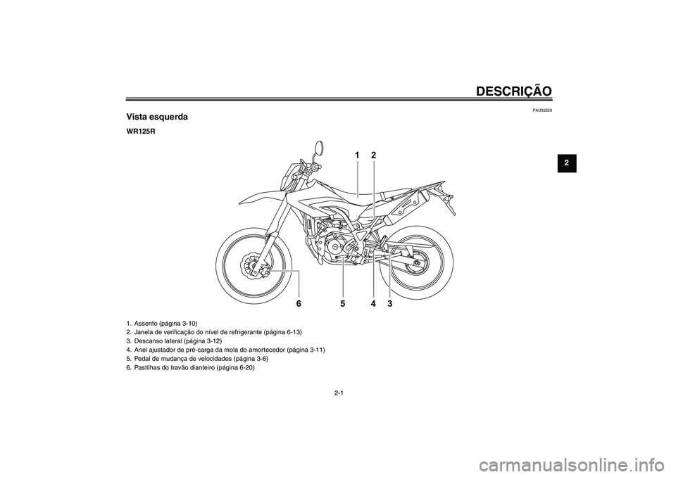 YAMAHA WR 125R 2011  Manual de utilização (in Portuguese) DESCRIÇÃO
2-1
2
PAU32220
Vista esquerdaWR125R1. Assento (página 3-10)
2. Janela de verificação do nível de refrigerante (página 6-13)
3. Descanso lateral (página 3-12)
4. Anel ajustador de pr