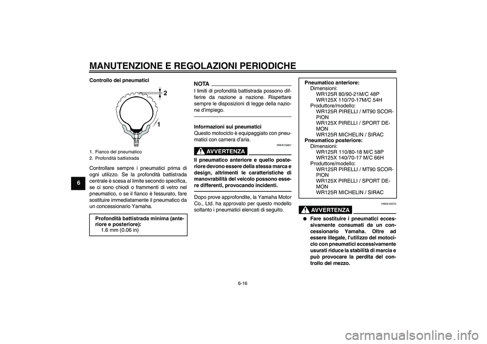 YAMAHA WR 125R 2010 Manuale duso (in Italian) MANUTENZIONE E REGOLAZIONI PERIODICHE
6-16
6
Controllo dei pneumatici
Controllare sempre i pneumatici prima di
ogni utilizzo. Se la profondità battistrada
centrale è scesa al limite secondo specific YAMAHA WR 125R 2010 Manuale duso (in Italian) MANUTENZIONE E REGOLAZIONI PERIODICHE
6-16
6
Controllo dei pneumatici
Controllare sempre i pneumatici prima di
ogni utilizzo. Se la profondità battistrada
centrale è scesa al limite secondo specific