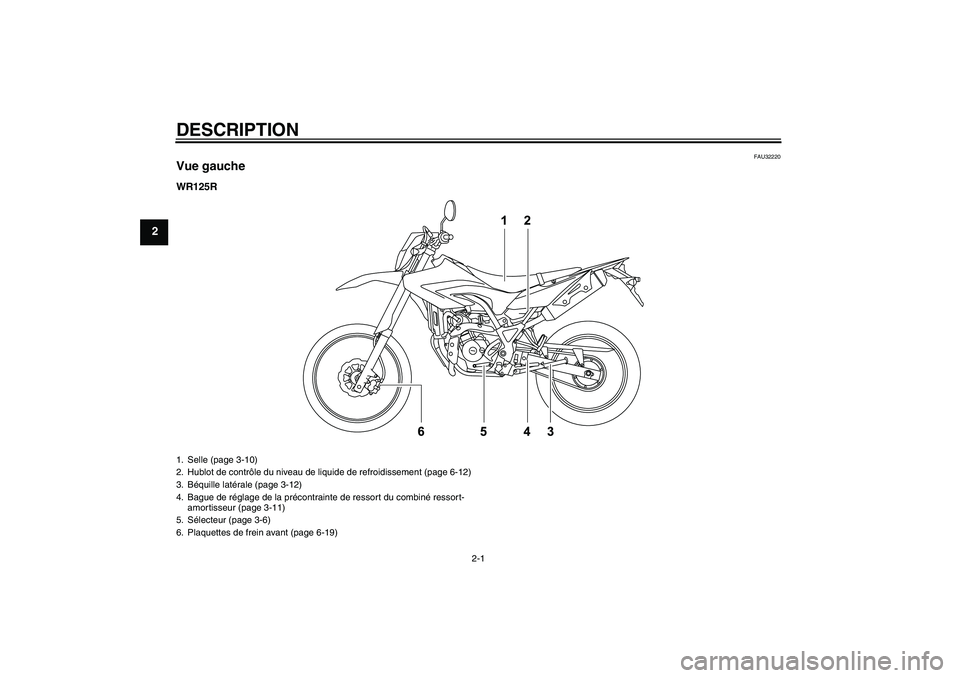 YAMAHA WR 125R 2009  Notices Demploi (in French) DESCRIPTION
2-1
2
FAU32220
Vue gaucheWR125R1. Selle (page 3-10)
2. Hublot de contrôle du niveau de liquide de refroidissement (page 6-12)
3. Béquille latérale (page 3-12)
4. Bague de réglage de la