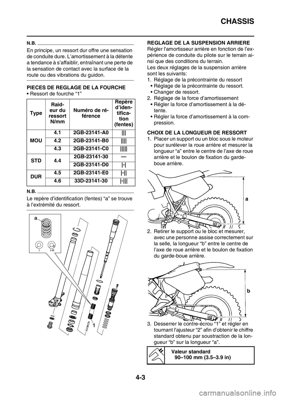 YAMAHA WR 250F 2017 Notices Demploi (in French) CHASSIS
4-3
N.B.
En principe, un ressort dur offre une sensation
de conduite dure. L’amortissement à la détente
a tendance à s’affaiblir, entraînant une perte de
la sensation de contact ave YAMAHA WR 250F 2017 Notices Demploi (in French) CHASSIS
4-3
N.B.
En principe, un ressort dur offre une sensation
de conduite dure. L’amortissement à la détente
a tendance à s’affaiblir, entraînant une perte de
la sensation de contact ave