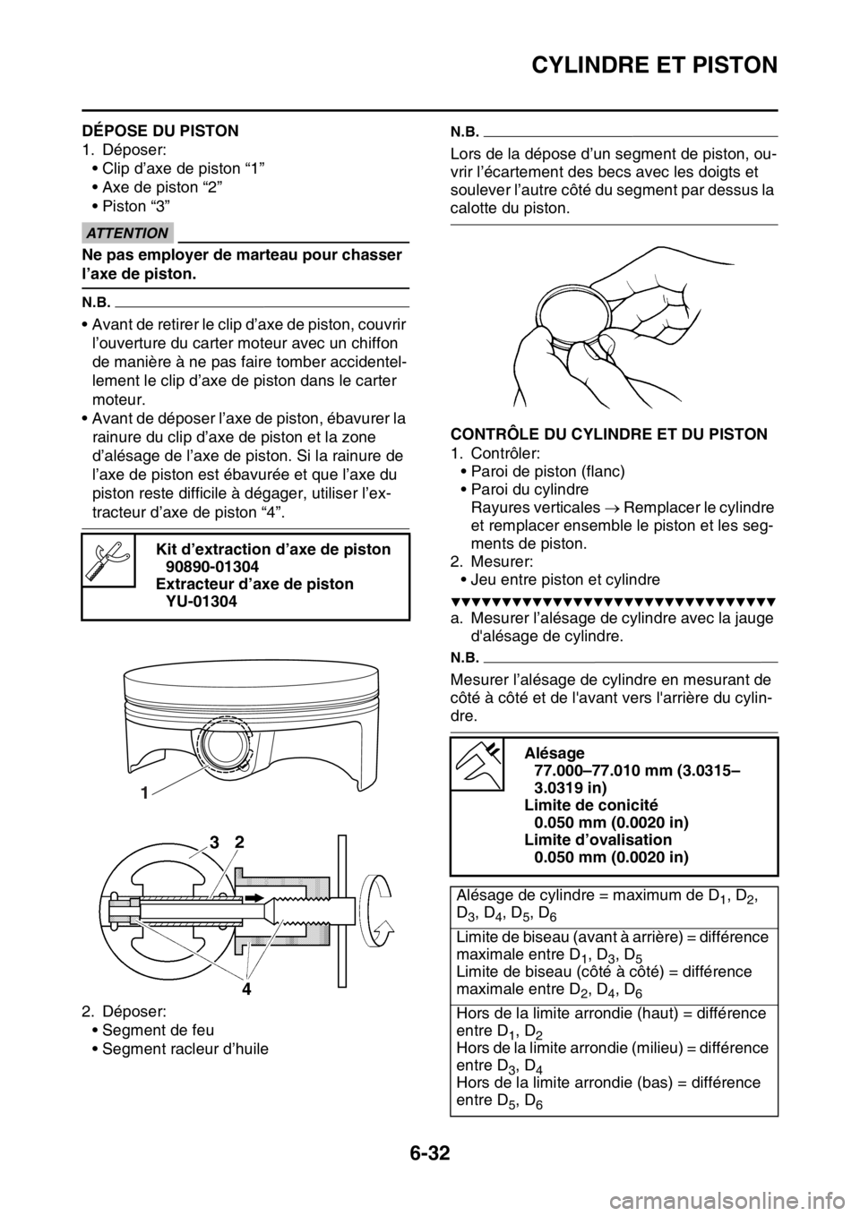 YAMAHA WR 250F 2017 Notices Demploi (in French) CYLINDRE ET PISTON
6-32
FAS2GB2259DÉPOSE DU PISTON
1. Déposer:
• Clip d’axe de piston “1”
• Axe de piston “2”
• Piston “3”
ECA
ATTENTION
Ne pas employer de marteau pour chasser
YAMAHA WR 250F 2017 Notices Demploi (in French) CYLINDRE ET PISTON
6-32
FAS2GB2259DÉPOSE DU PISTON
1. Déposer:
• Clip d’axe de piston “1”
• Axe de piston “2”
• Piston “3”
ECA
ATTENTION
Ne pas employer de marteau pour chasser
