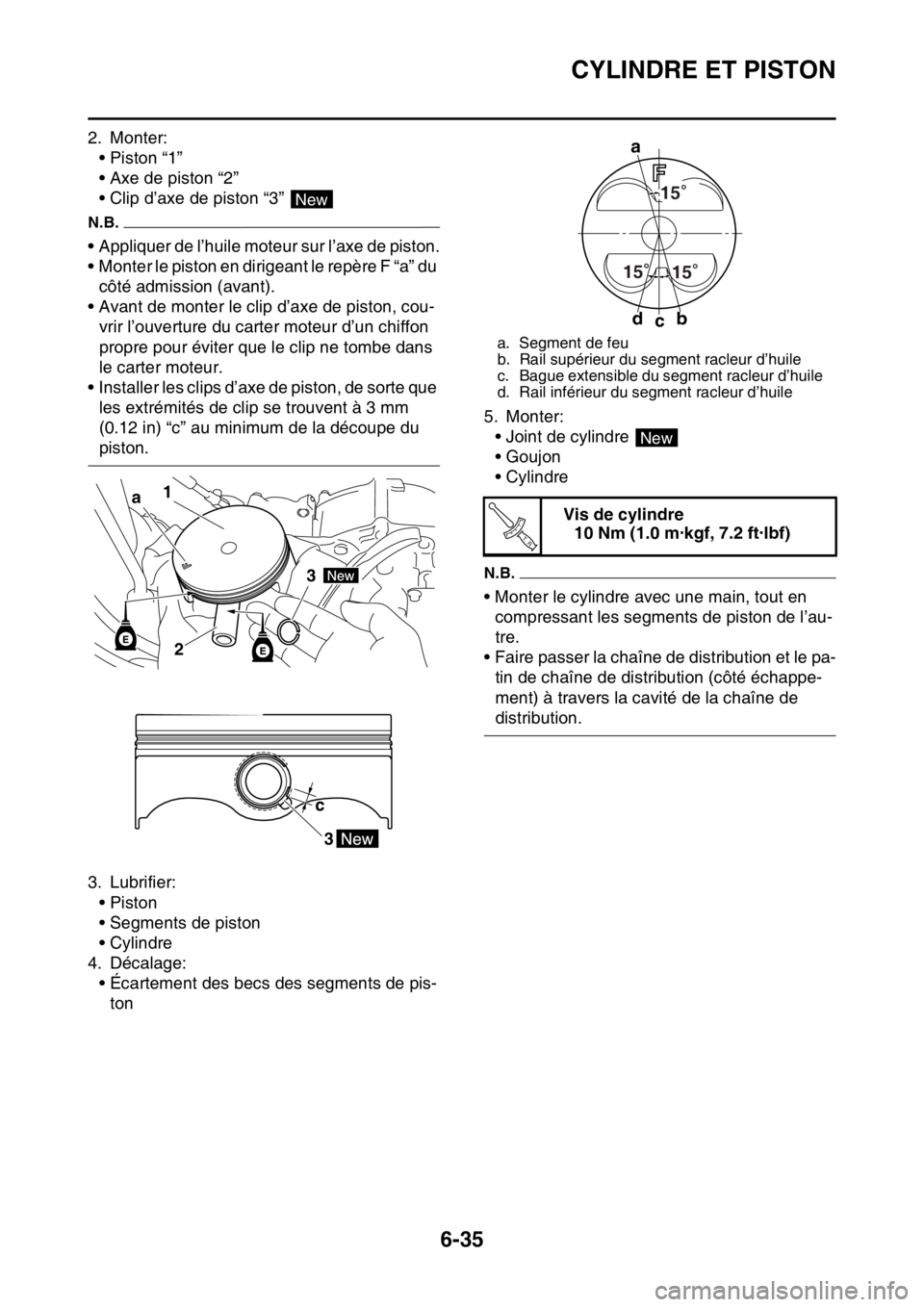 YAMAHA WR 250F 2017 Notices Demploi (in French) CYLINDRE ET PISTON
6-35
2. Monter:
• Piston “1”
• Axe de piston “2”
• Clip d’axe de piston “3”
N.B.
• Appliquer de l’huile moteur sur l’axe de piston.
• Monter le piston e YAMAHA WR 250F 2017 Notices Demploi (in French) CYLINDRE ET PISTON
6-35
2. Monter:
• Piston “1”
• Axe de piston “2”
• Clip d’axe de piston “3”
N.B.
• Appliquer de l’huile moteur sur l’axe de piston.
• Monter le piston e