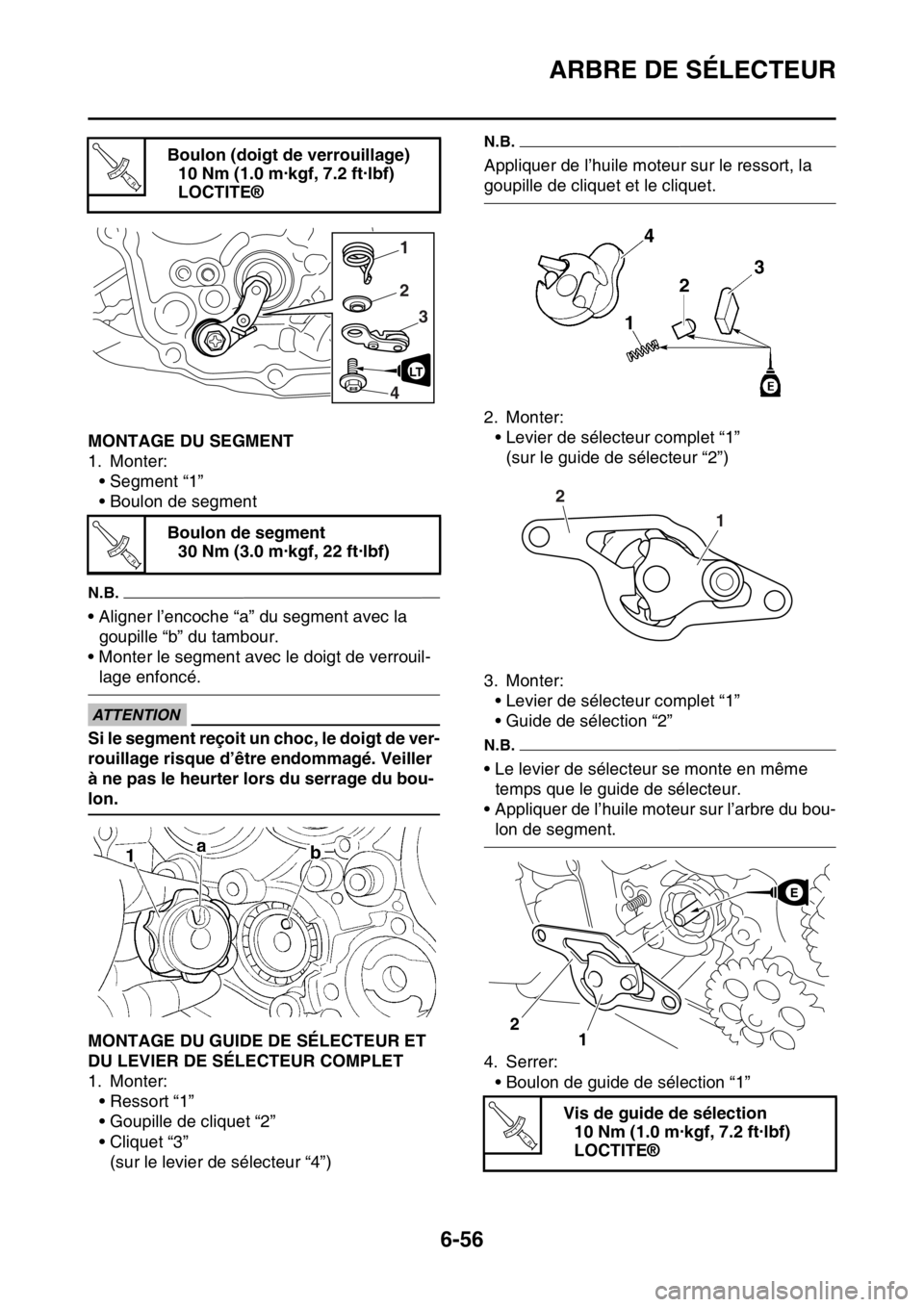 YAMAHA WR 250F 2017 Notices Demploi (in French) ARBRE DE SÉLECTEUR
6-56
FAS2GB2296MONTAGE DU SEGMENT
1. Monter:
• Segment “1”
• Boulon de segment
N.B.
• Aligner l’encoche “a” du segment avec la
goupille “b” du tambour.
• Mon YAMAHA WR 250F 2017 Notices Demploi (in French) ARBRE DE SÉLECTEUR
6-56
FAS2GB2296MONTAGE DU SEGMENT
1. Monter:
• Segment “1”
• Boulon de segment
N.B.
• Aligner l’encoche “a” du segment avec la
goupille “b” du tambour.
• Mon
