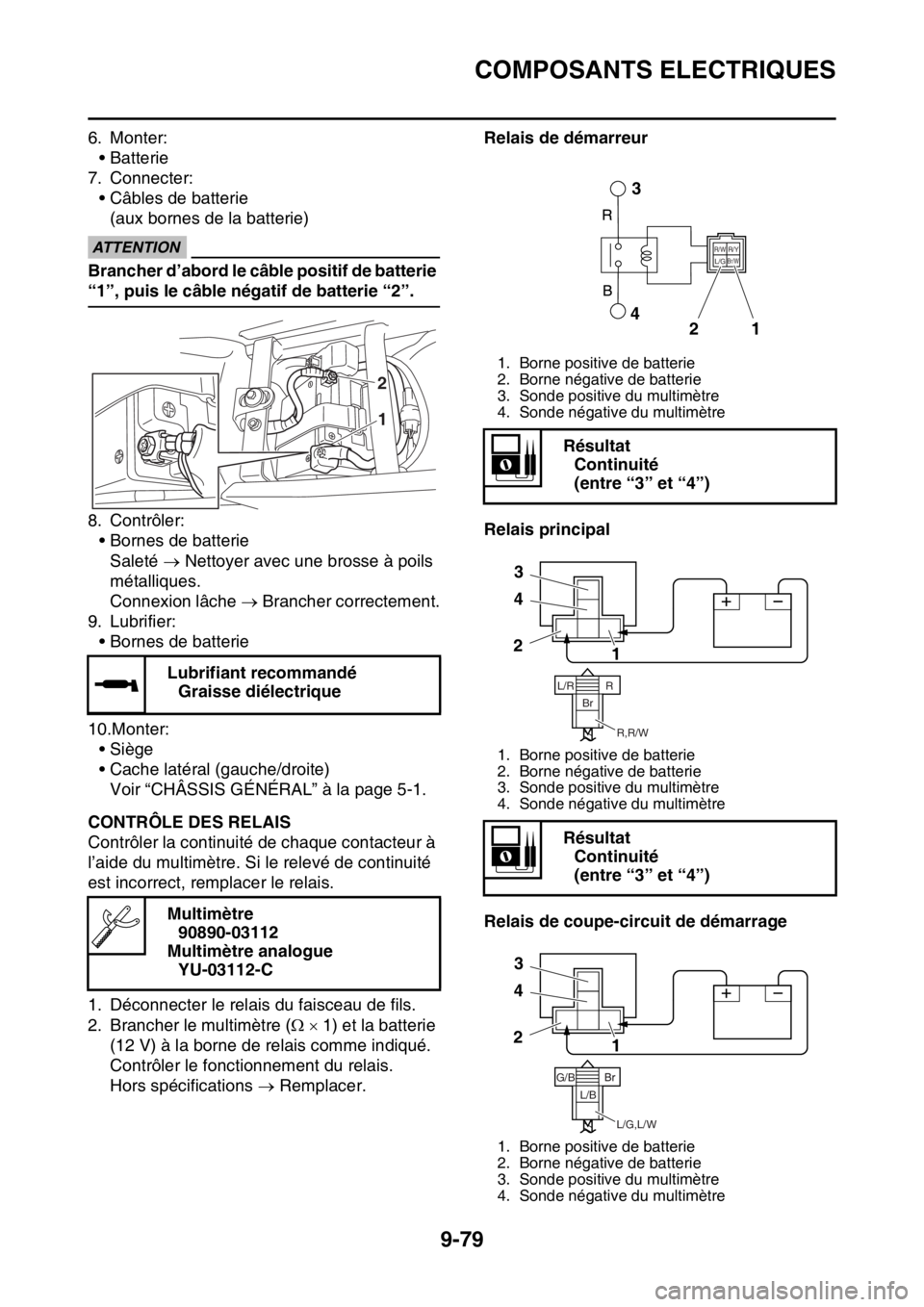 YAMAHA WR 250F 2017  Notices Demploi (in French) COMPOSANTS ELECTRIQUES
9-79
6. Monter:
• Batterie
7. Connecter:
• Câbles de batterie
(aux bornes de la batterie)
ECA
ATTENTION
Brancher d’abord le câble positif de batterie 
“1”, puis le c