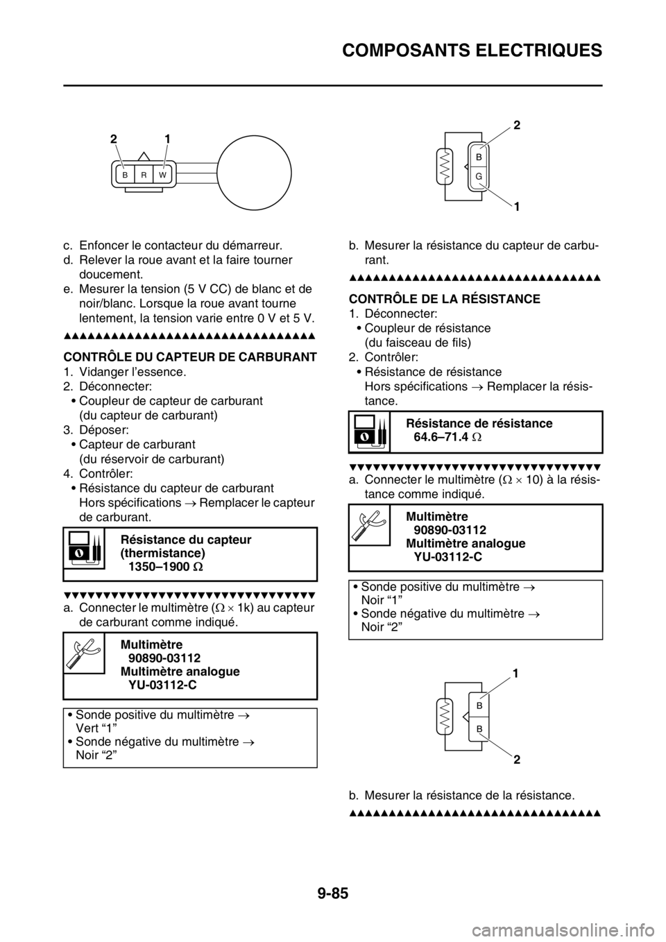 YAMAHA WR 250F 2017  Notices Demploi (in French) COMPOSANTS ELECTRIQUES
9-85
c. Enfoncer le contacteur du démarreur.
d. Relever la roue avant et la faire tourner 
doucement.
e. Mesurer la tension (5 V CC) de blanc et de 
noir/blanc. Lorsque la roue