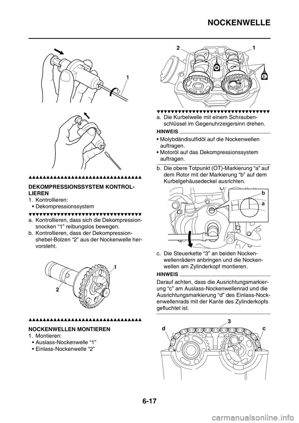 YAMAHA WR 250F 2016  Betriebsanleitungen (in German) NOCKENWELLE
6-17
▲▲▲▲▲▲▲▲▲▲▲▲▲▲▲▲▲▲▲▲▲▲▲▲▲▲▲▲▲▲▲▲
GAS2GB3244DEKOMPRESSIONSSYSTEM KONTROL-
LIEREN
1. Kontrollieren:
• Dekompressionssys