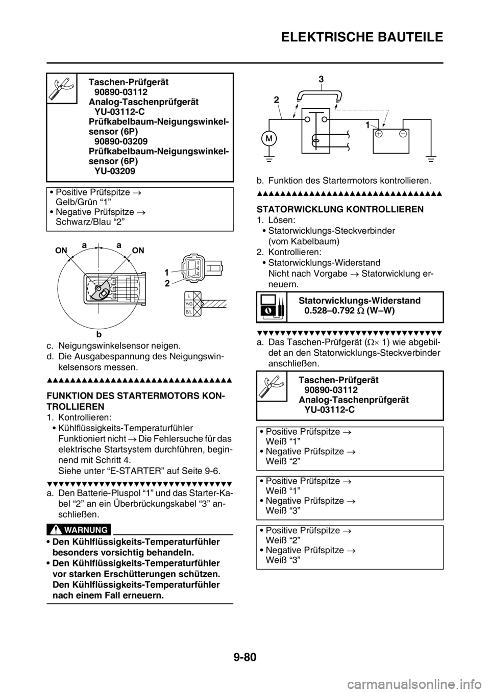 YAMAHA WR 250F 2016  Betriebsanleitungen (in German) ELEKTRISCHE BAUTEILE
9-80
c. Neigungswinkelsensor neigen.
d. Die Ausgabespannung des Neigungswin-
kelsensors messen.
▲▲▲▲▲▲▲▲▲▲▲▲▲▲▲▲▲▲▲▲▲▲▲▲▲▲▲