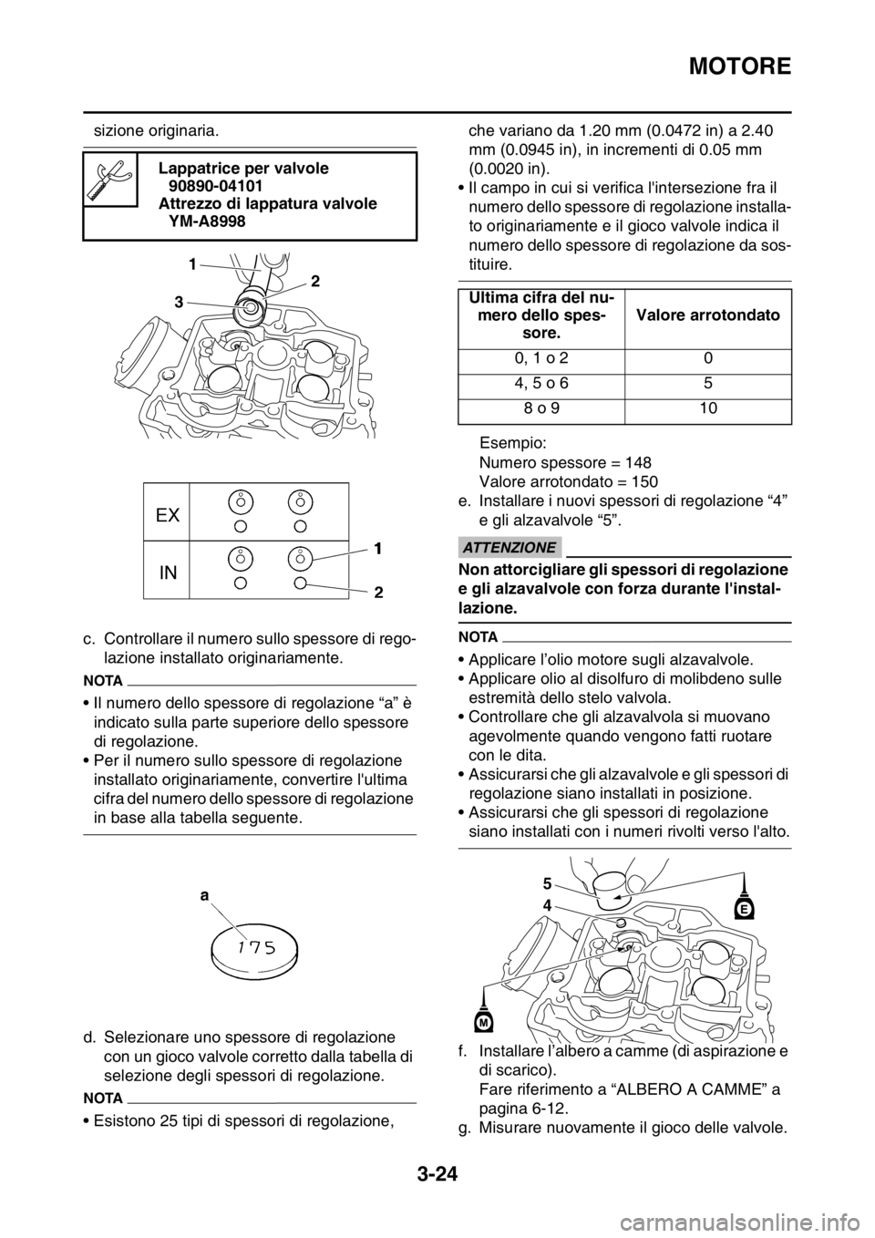 YAMAHA WR 250F 2016  Manuale duso (in Italian) MOTORE
3-24
sizione originaria.
c. Controllare il numero sullo spessore di rego-
lazione installato originariamente.
NOTA
• Il numero dello spessore di regolazione “a” è 
indicato sulla parte s