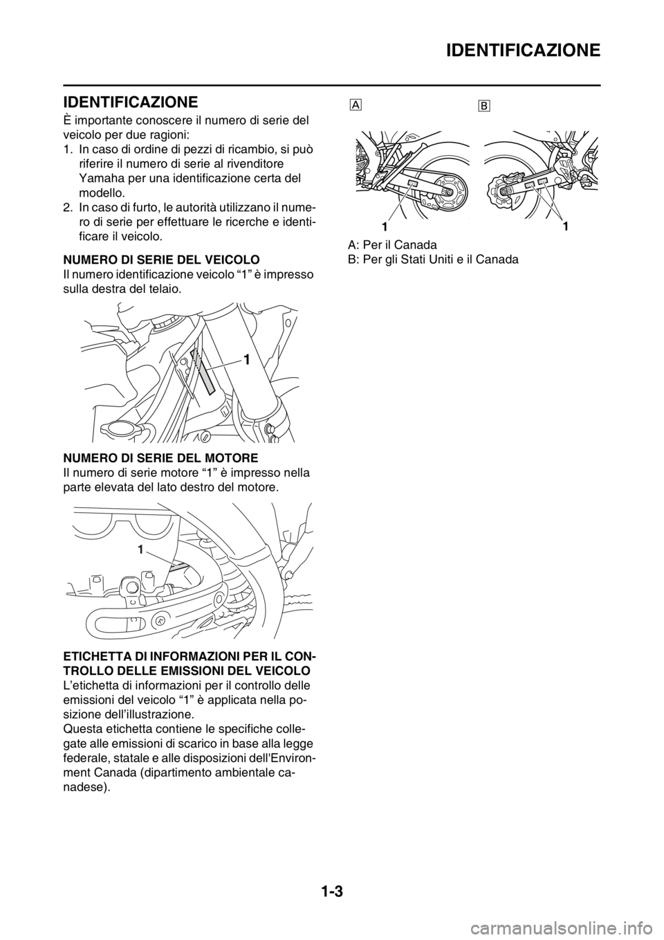YAMAHA WR 250F 2016  Manuale duso (in Italian) IDENTIFICAZIONE
1-3
HAS2GB3010
IDENTIFICAZIONE
È importante conoscere il numero di serie del 
veicolo per due ragioni:
1. In caso di ordine di pezzi di ricambio, si può 
riferire il numero di serie 