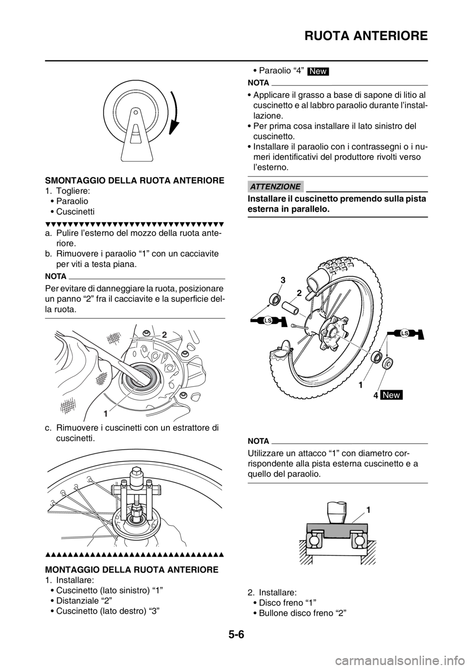 YAMAHA WR 250F 2016  Manuale duso (in Italian) RUOTA ANTERIORE
5-6
HAS2GB3159SMONTAGGIO DELLA RUOTA ANTERIORE
1. Togliere:
• Paraolio
• Cuscinetti
▼▼▼▼▼▼▼▼▼▼▼▼▼▼▼▼▼▼▼▼▼▼▼▼▼▼▼▼▼▼▼▼