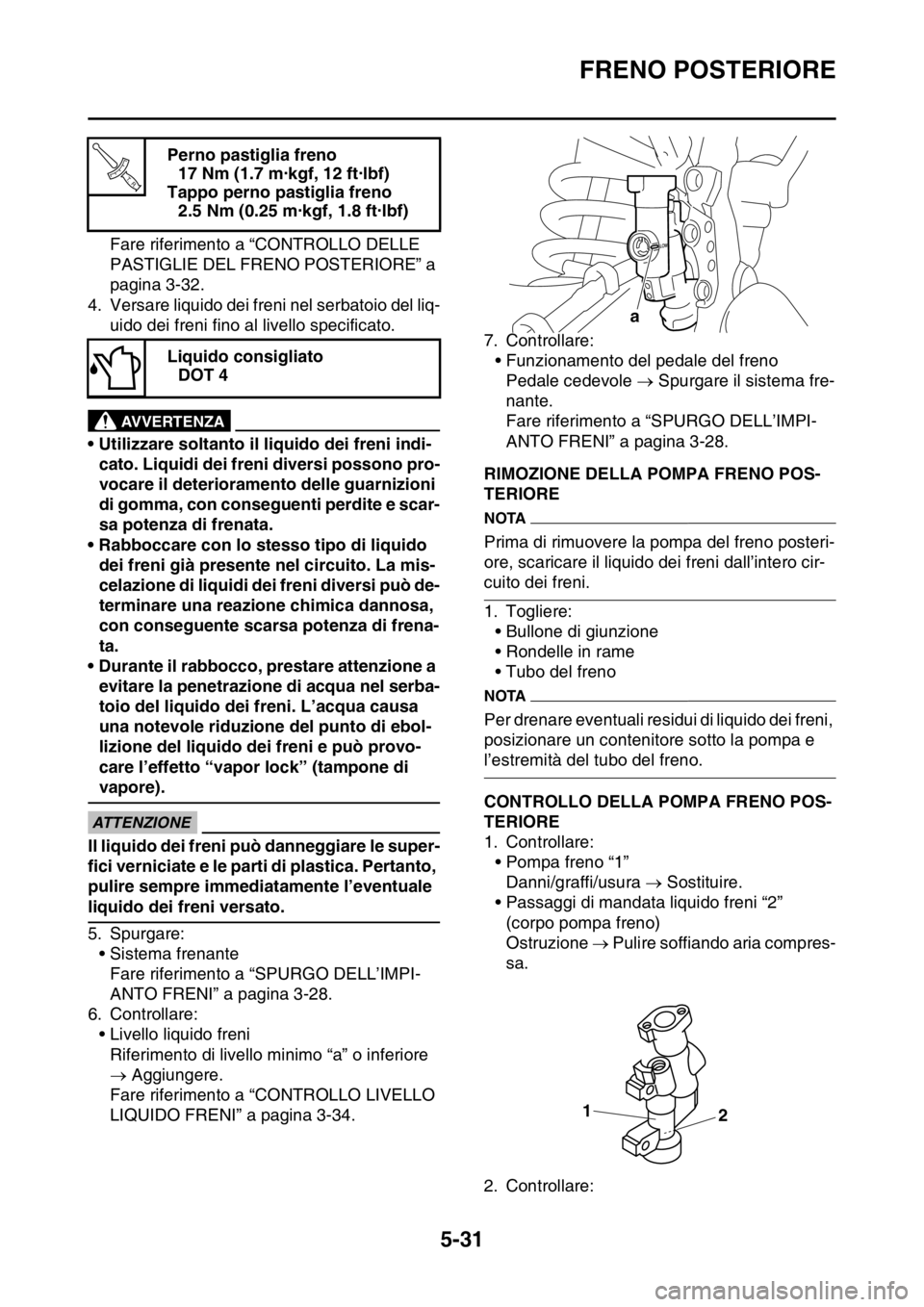 YAMAHA WR 250F 2016  Manuale duso (in Italian) FRENO POSTERIORE
5-31
Fare riferimento a “CONTROLLO DELLE 
PASTIGLIE DEL FRENO POSTERIORE” a 
pagina 3-32.
4. Versare liquido dei freni nel serbatoio del liq-
uido dei freni fino al livello specif