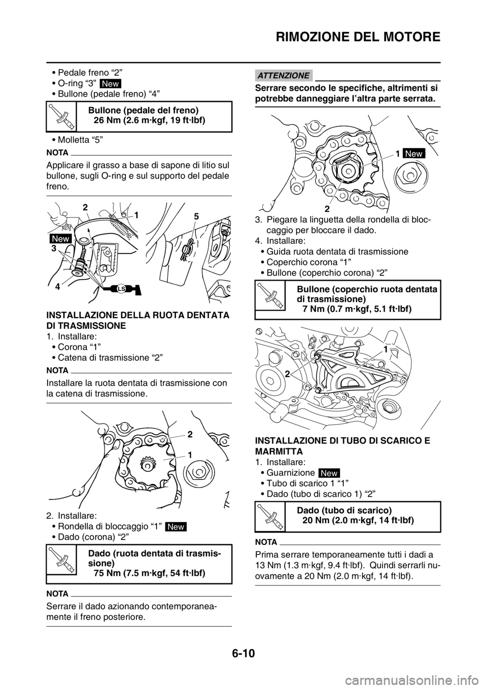 YAMAHA WR 250F 2016  Manuale duso (in Italian) RIMOZIONE DEL MOTORE
6-10
• Pedale freno “2”
• O-ring “3” 
• Bullone (pedale freno) “4”
• Molletta “5”
NOTA
Applicare il grasso a base di sapone di litio sul 
bullone, sugli O-