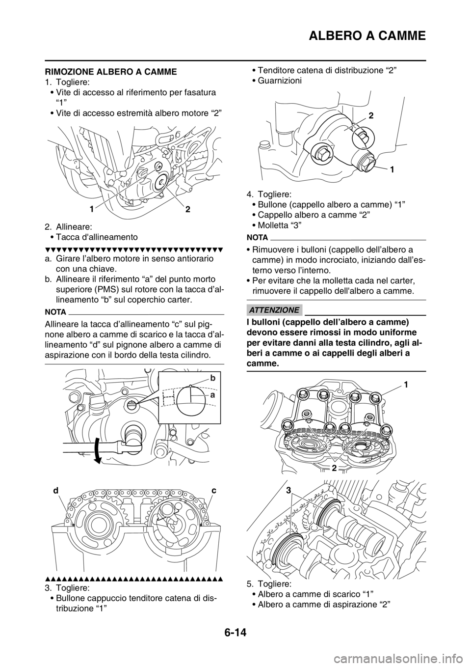 YAMAHA WR 250F 2016  Manuale duso (in Italian) ALBERO A CAMME
6-14
HAS2GB3240RIMOZIONE ALBERO A CAMME
1. Togliere:
• Vite di accesso al riferimento per fasatura 
“1”
• Vite di accesso estremità albero motore “2”
2. Allineare:
• Tacc