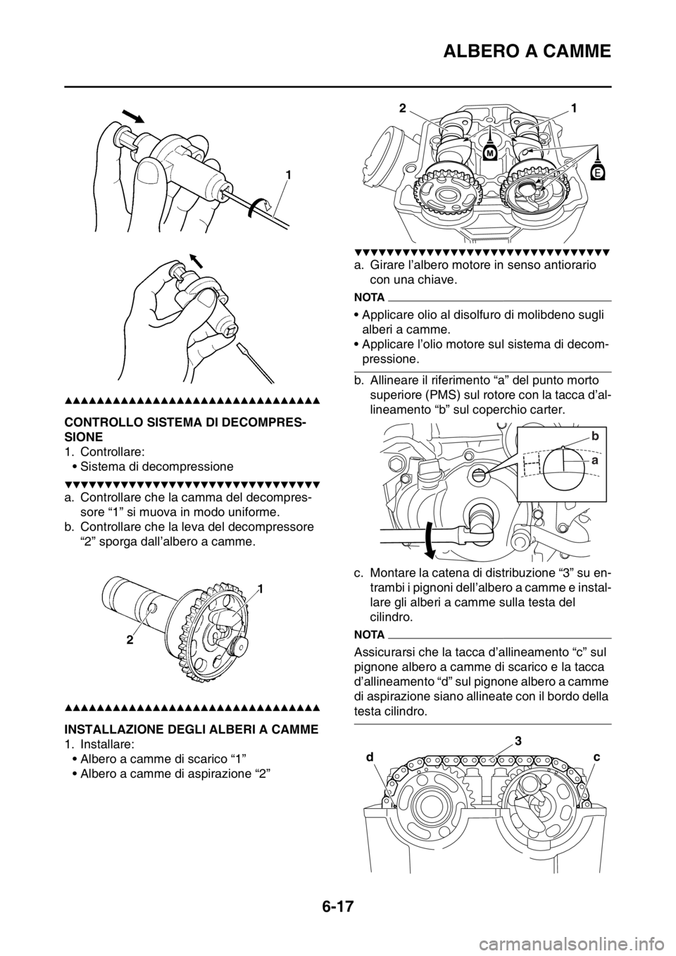 YAMAHA WR 250F 2016  Manuale duso (in Italian) ALBERO A CAMME
6-17
▲▲▲▲▲▲▲▲▲▲▲▲▲▲▲▲▲▲▲▲▲▲▲▲▲▲▲▲▲▲▲▲
HAS2GB3244CONTROLLO SISTEMA DI DECOMPRES-
SIONE
1. Controllare:
• Sistema di deco