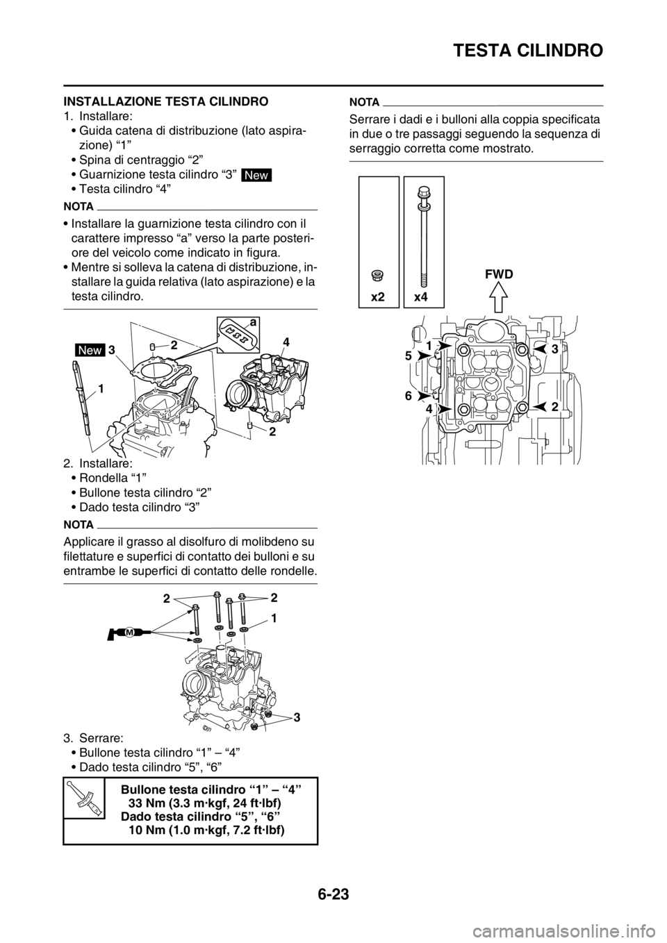 YAMAHA WR 250F 2016  Manuale duso (in Italian) TESTA CILINDRO
6-23
HAS2GB3250INSTALLAZIONE TESTA CILINDRO
1. Installare:
• Guida catena di distribuzione (lato aspira-
zione) “1”
• Spina di centraggio “2”
• Guarnizione testa cilindro 